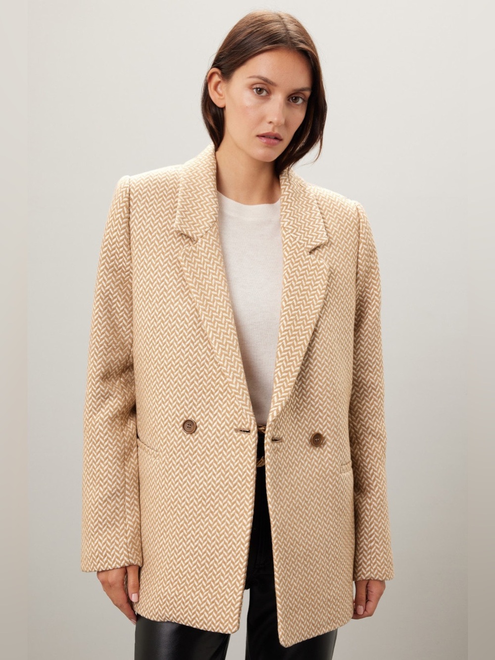Anine Bing Tan Beige Fishbone Chevron Herringbone Tweed Blazer size XL